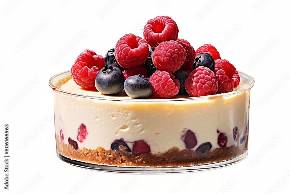 Cheesecake with fresh berries isolated on white background. Generative AI. Cheesecake with fresh berries isolated on white background. Generative AI.