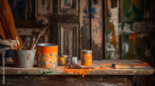 A Can of Orange Paint and Brush for DIY Project