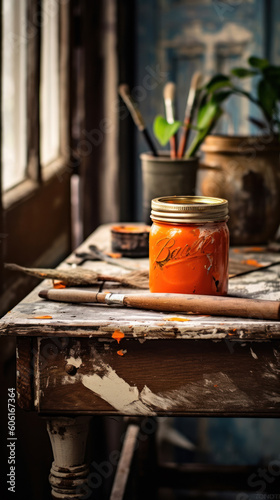 A Can of Orange Paint and Brush for DIY Project