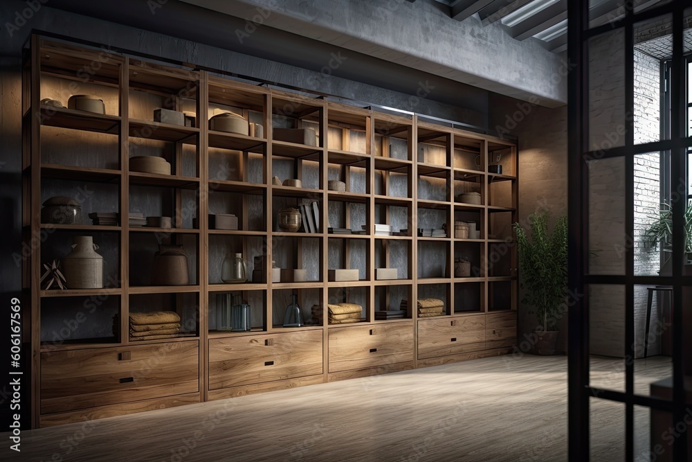 display case with shelves or closet. The room's interior was designed in a loft style. Generative AI
