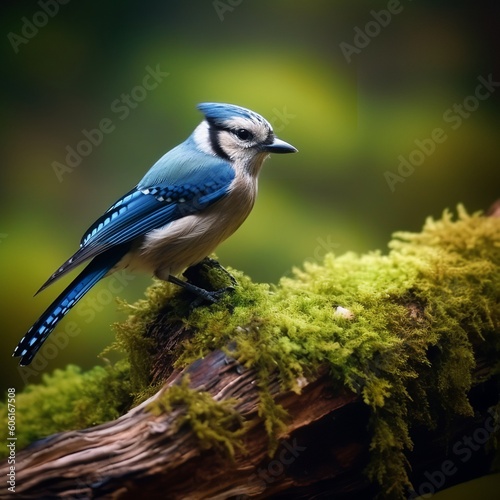 Curious Jay Exploring a Moss-Covered Log © Emojibb.Family