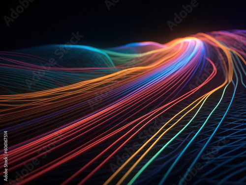 Neon lights wavy lines on dark background Created with Generative AI technology.