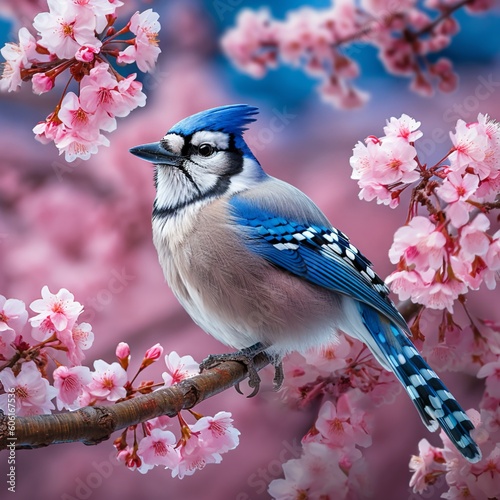 Stunning Blue Jay Perched on Blossoming Cherry Tree