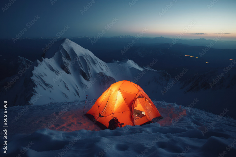 A tent pitched up in the snow at night. Brave the cold and experience the majestic winter landscape. AI Generative