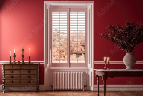 Elegant vacant room with close up of the window  traditional shutters  glass vase holding flowers  and white radiator. Interior design concept idea mockup on a red wall with copy space. Generative AI