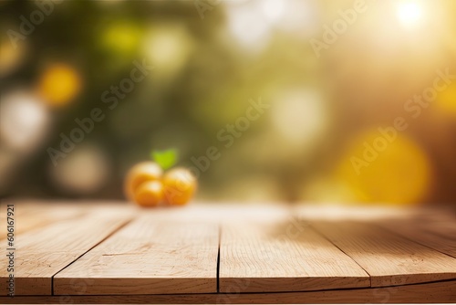 Wood table top with bokeh background in bright sunlight - suitable for displaying or montaging your stuff. Generative AI