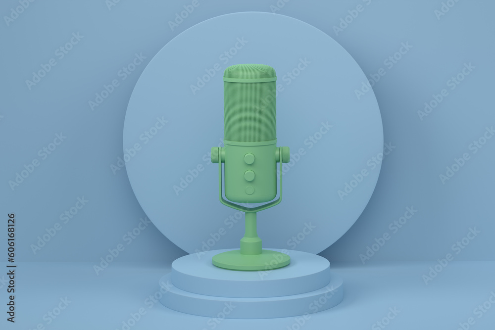 Studio condenser microphone on cylinder podium with step on monochrome Studio condenser microphone on cylinder podium with step on monochrome