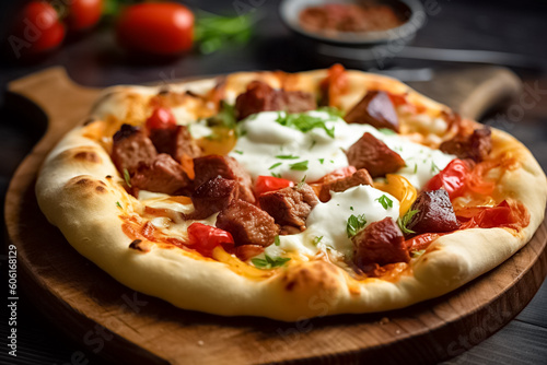 Beautiful serving dishes in the restaurant delicious pita pizza on wooden board, closeup. 