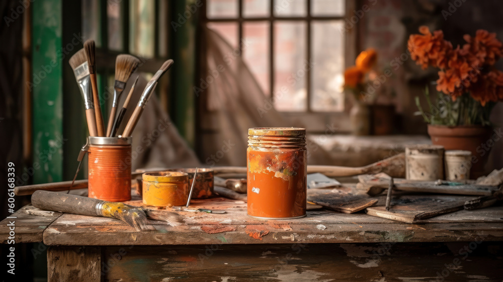 A Can of Terra Cotta Paint and Brush for DIY Project A Can of Terra Cotta Paint and Brush for DIY Project