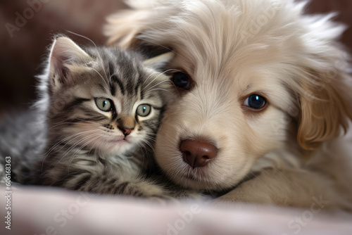 Playful kitten and puppy