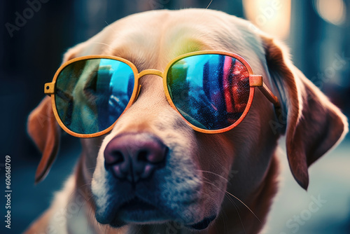 Portrait of Golden Retriever with in sunglasses outside. Generative AI