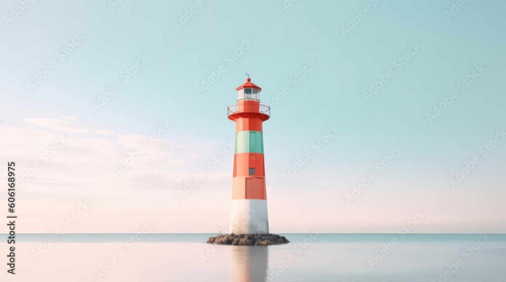 A lighthouse in a body of water with a blue sky in the background.AI Generative AI