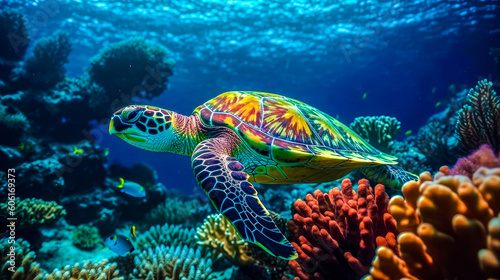 Underwater world. Corals. Turtle. Depth. image for 3d floor. Dive into the underwater world. Ai generated © zamuruev