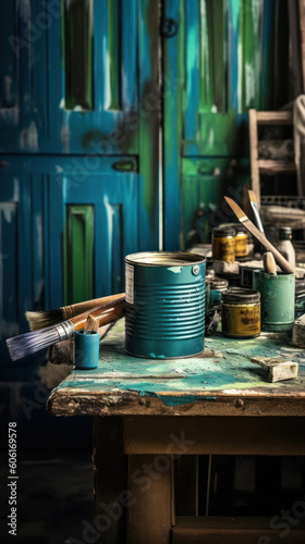 A Can of Green Blue Paint and Brush for DIY Project