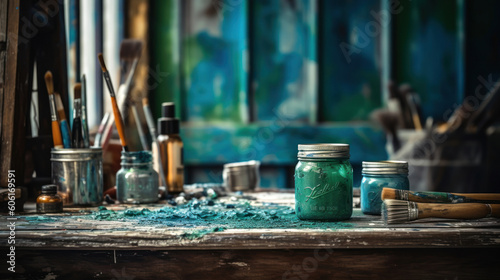 A Can of Green Blue Paint and Brush for DIY Project