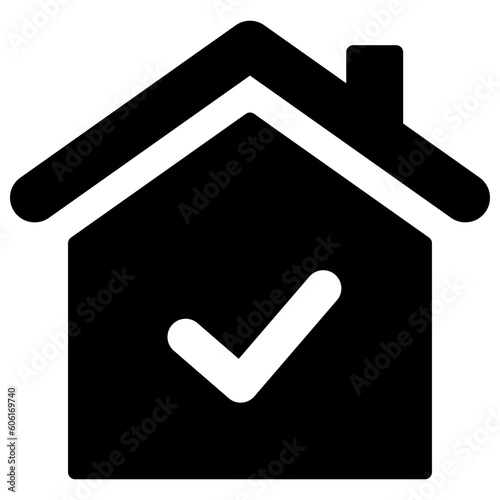 Black single mortgage approval icon, simple house with checkmark flat design vector pictogram, infographic vector for app logo web website button ui ux interface elements isolated on white background