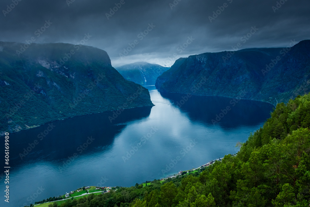 Beautiful view of the Aurland Fjord from Stegastein lookout,  Norway