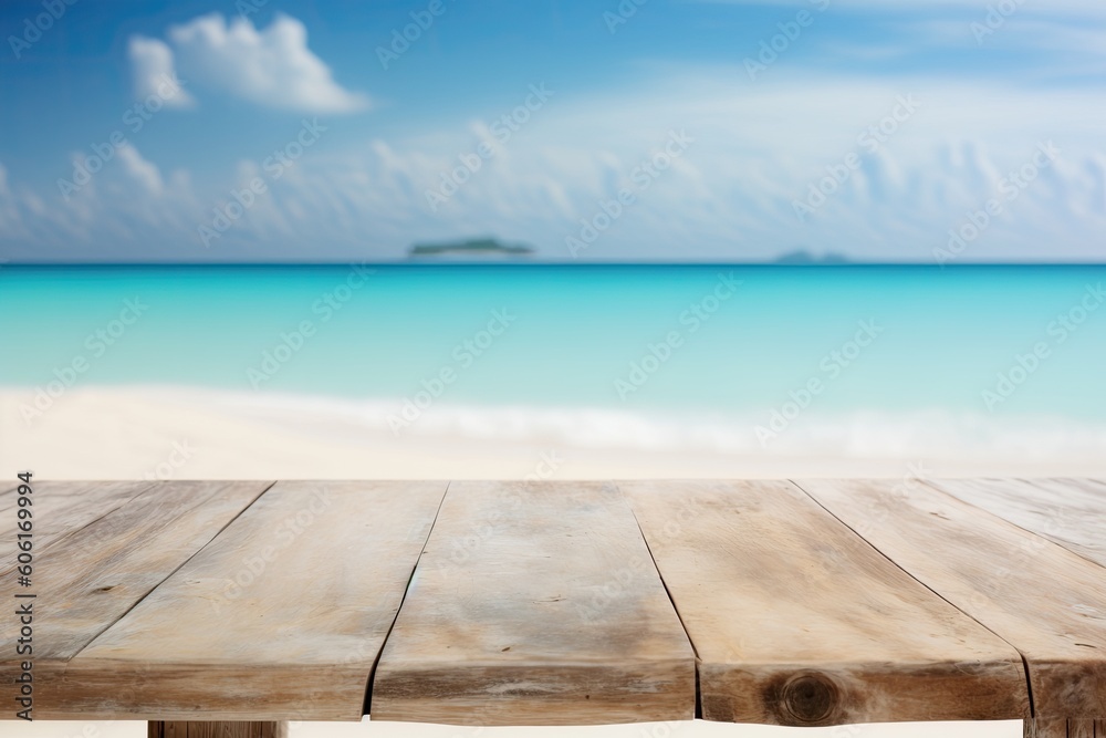Fototapeta premium Summer idea - wood table top on hazy beach backdrop - may be used to exhibit or montage your items. Generative AI