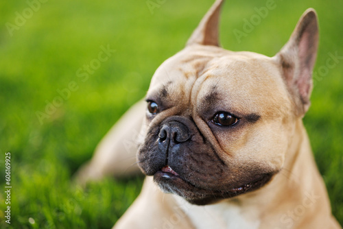 Portrait of adorable, happy dog of the French Bulldog breed in the park on the green grass at sunset. © KDdesignphoto