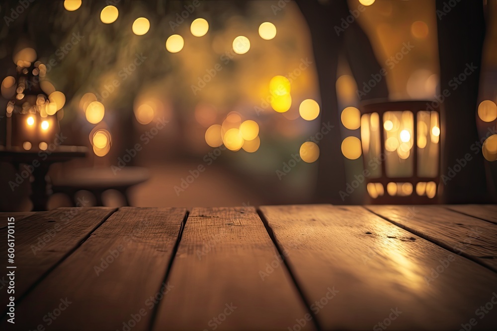 Unoccupied brown hardwood floor or wooden terrace with bokeh of a nighttime festival in a garden, blurring background, text space for a presentation of a product or object, and vintage Generative AI Unoccupied brown hardwood floor or wooden terrace with bokeh of a nighttime festival in a garden, blurring background, text space for a presentation of a product or object, and vintage Generative AI