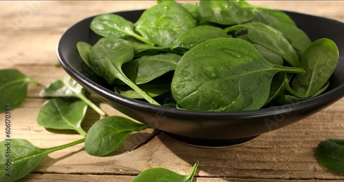 fresh spinach on the table. green spinach in a bowl. spinach leaves close up. healthly food. salad ingredient. drops of water on green leaves.