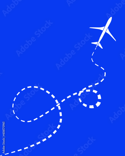 A white silhouette of an airplane flying on a blue background and a dotted line of the airplane's flight. 