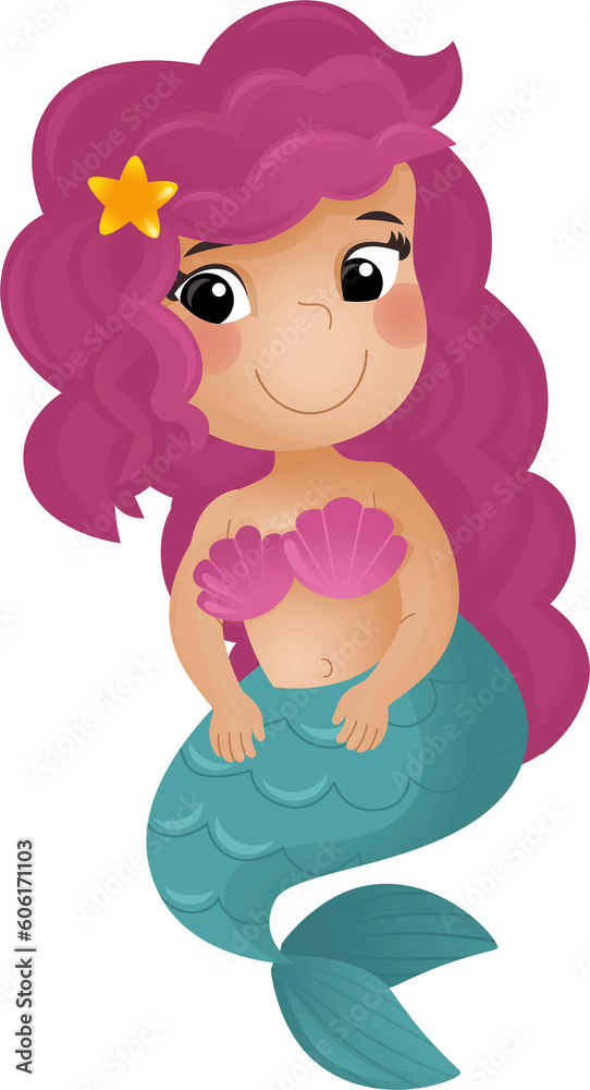 Fototapeta premium cartoon scene with happy young mermaid swimming on white background illustration for children