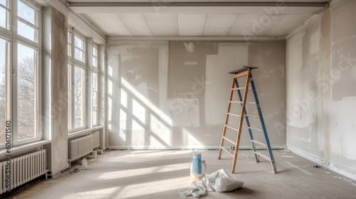 A Room in Renovation in a Modern Apartment with a Ladder and a Gipsum Drywall Being Painted in Blank Canvas color