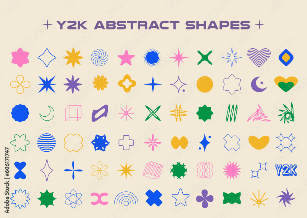 Set of aesthetic y2k geometric shapes. Simple trendy colorful geometric shapes. Retro design elements. Vector illustration for social networks or posters. EPS 10