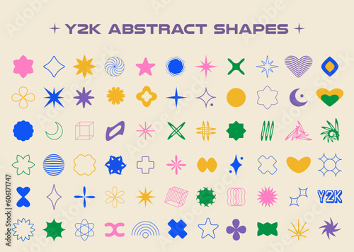 Set of aesthetic y2k geometric shapes. Simple trendy colorful geometric shapes. Retro design elements. Vector illustration for social networks or posters. EPS 10