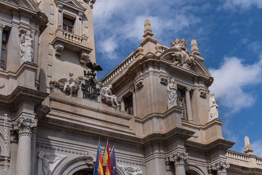 Architectural fragments of Valencia City Hall (Ayuntamiento de Valencia) built in an eclectic style in the 18th century is located on Valencia central Plaza del Ayuntamiento. VALENCIA, SPAIN.