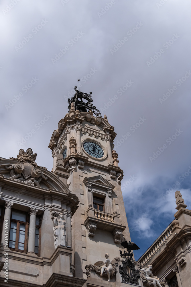 Architectural fragments of Valencia City Hall (Ayuntamiento de Valencia) built in an eclectic style in the 18th century is located on Valencia central Plaza del Ayuntamiento. VALENCIA, SPAIN.