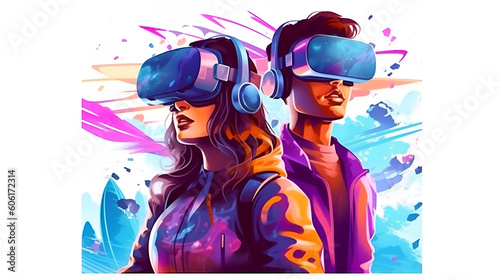 A young woman and a young man in virtual reality glasses on a white background. The concept of modern technologies and technologies of the future. VR glasses Generative AI