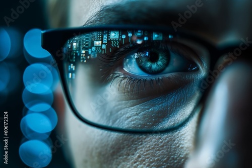 Close-up of Eyes and Glasses with Computer Monitor Reflection, Cyber Security Concept, AI Generative 