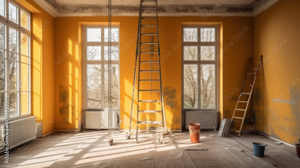 Fototapeta premium A Room in Renovation in a Modern Apartment with a Ladder and a Gipsum Drywall Being Painted in India Yellow color