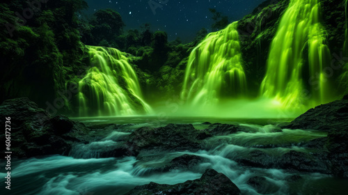 A waterfall glowing in neon green  with bioluminescent algae providing a luminous spectacle against the backdrop of the dark night.