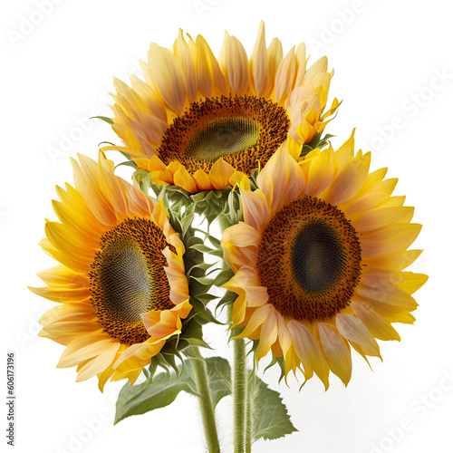 Bouquet of sunflower flower plant with leaves isolated on white background.. Flat lay, top view. macro closeup	
