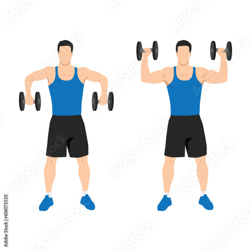 Man scarecrow arms elbow shoulder rotations with dumbbell. Flat vector illustration isolated on white background