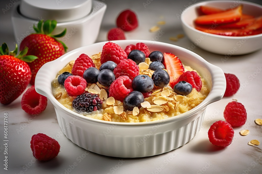 Fit and healthy baked oats with nuts and fruits. Generative AI Fit and healthy baked oats with nuts and fruits. Generative AI