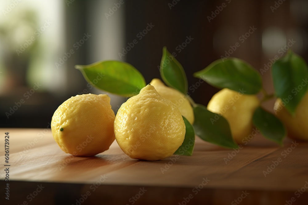 Japanese yuzu fruits placed on a wood table. Generative AI