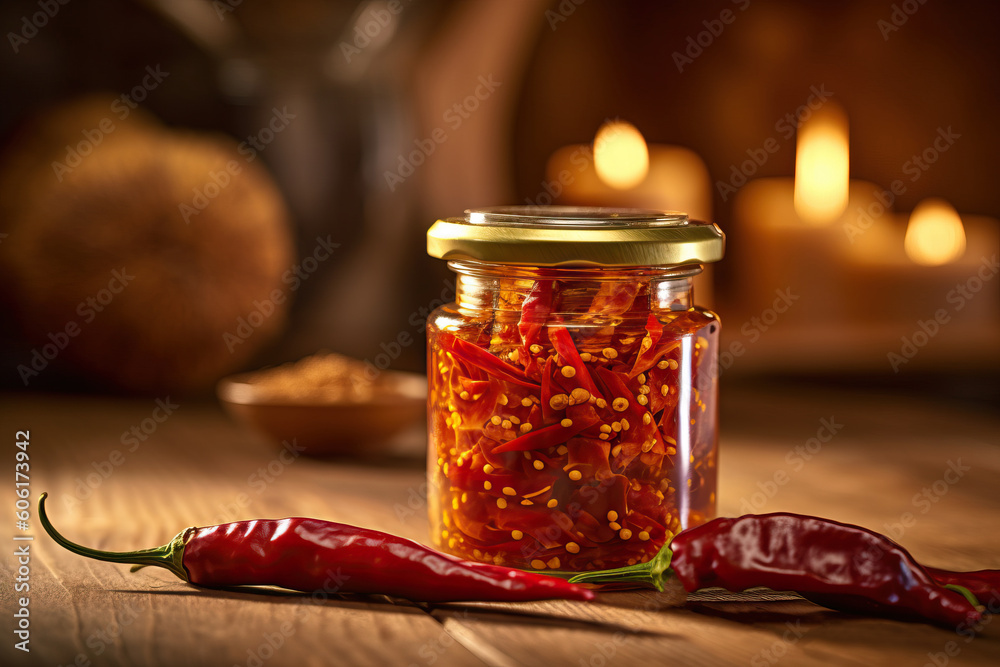Jar of hot honey sauce with dipper. Generative AI Jar of hot honey sauce with dipper. Generative AI