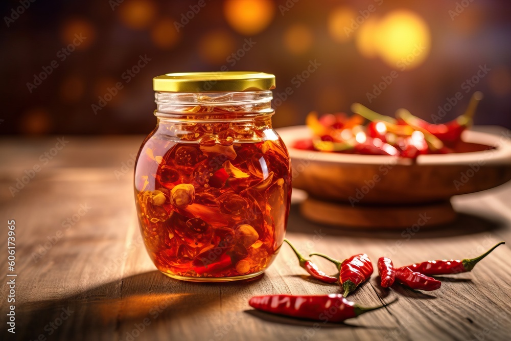Jar of hot honey sauce with dipper. Generative AI Jar of hot honey sauce with dipper. Generative AI