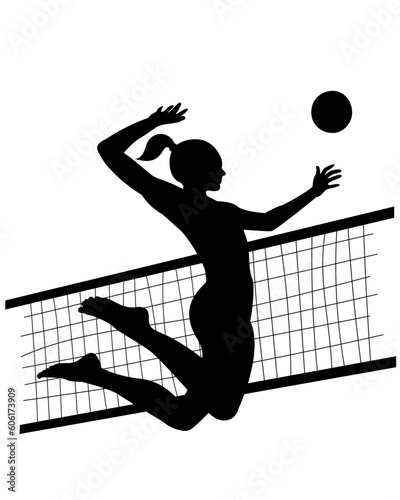 A girl plays volleyball. Silhouette is black. 