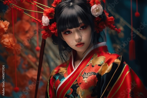 Japan anime cosplay portrait of girl with comic costume with japanese theme, y2k, fashion. Generative AI