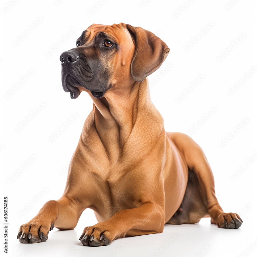 Lovely red dog breed Rhodesian Ridgeback isolated on white close-up, cute pet, ai generative