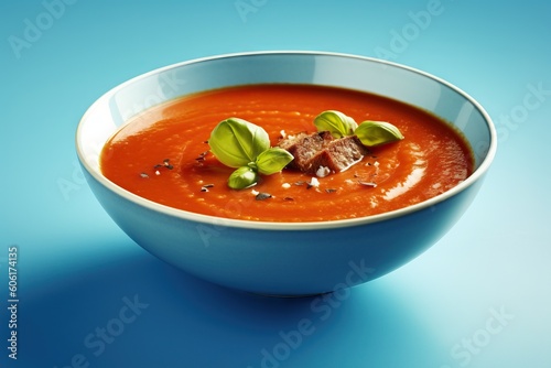 Gaspacho soup on blue tabletop. Three bowls of traditional spanish cold soup puree gaspacho or gazpacho on bright blue background. Top view or flat. Generative AI