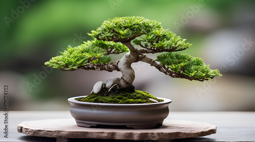 bonsai tree in pot at zen garden Bonsai is a Japanese art form using trees grown in containers Generative AI