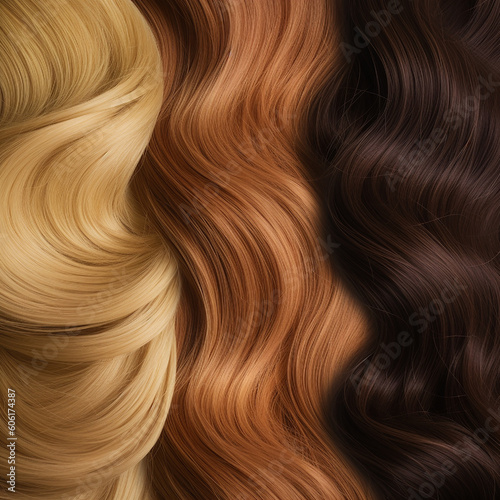 Texture of strands of curly hair of different colors and shades  red  blond  chestnut  brown  close-up macro  background for advertising banners of beauty and hairdressing salons  ai generative