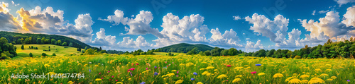 Fields with flowers and green grass  beautifull landscape in the countryside. Summer panoramic background  banner. Generative AI.