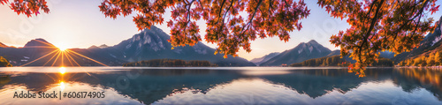 Mountains reflecting in the lake during sunset with orange trees, beautifull panoramic background, banner. Generative AI.